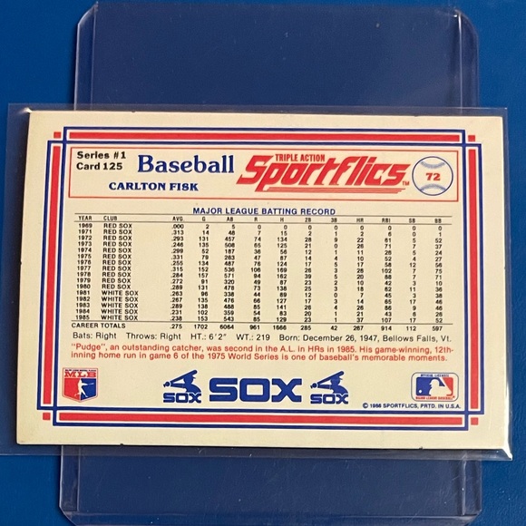 Carlton Fisk #125 1986 Sportflics Baseball Trading Card - Picture 2 of 2